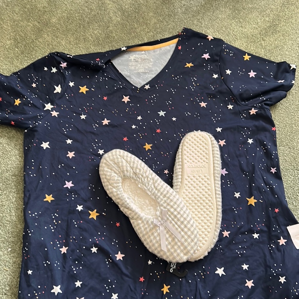 Nightgown and slippers brand new. Slippers are gray and white.